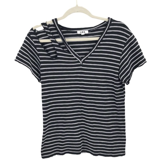 LNA Clothing Women’s Black & White Striped Cut-Out Shoulder Tee Shirt Size XS - Picture 8 of 8